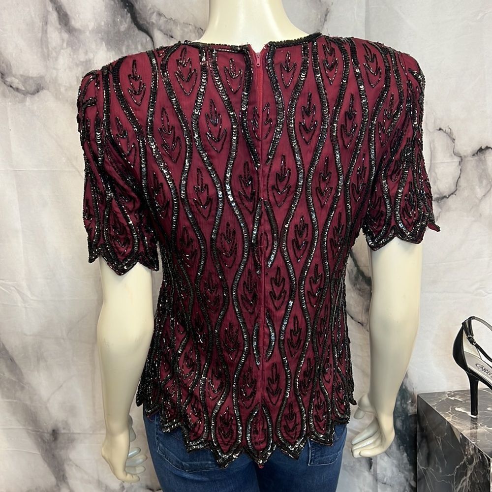 *Maroon and black beaded sequence evening top brand stenay - Picture 6 of 10